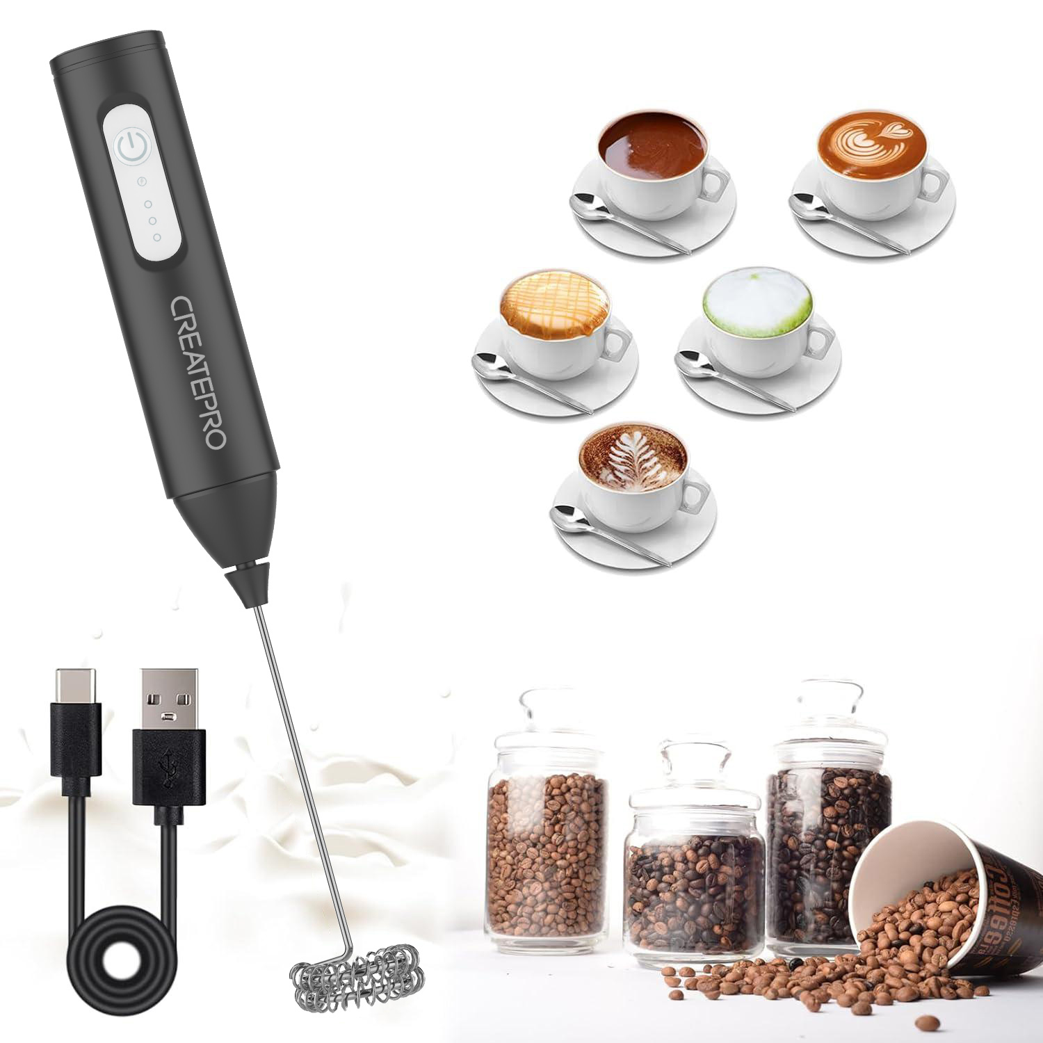 Electric Milk Frother Handheld - Wiederaufladbarer Milchaufschäumer Automatischer Handmilchaufschäumer Elektrischer Milchaufschäumer