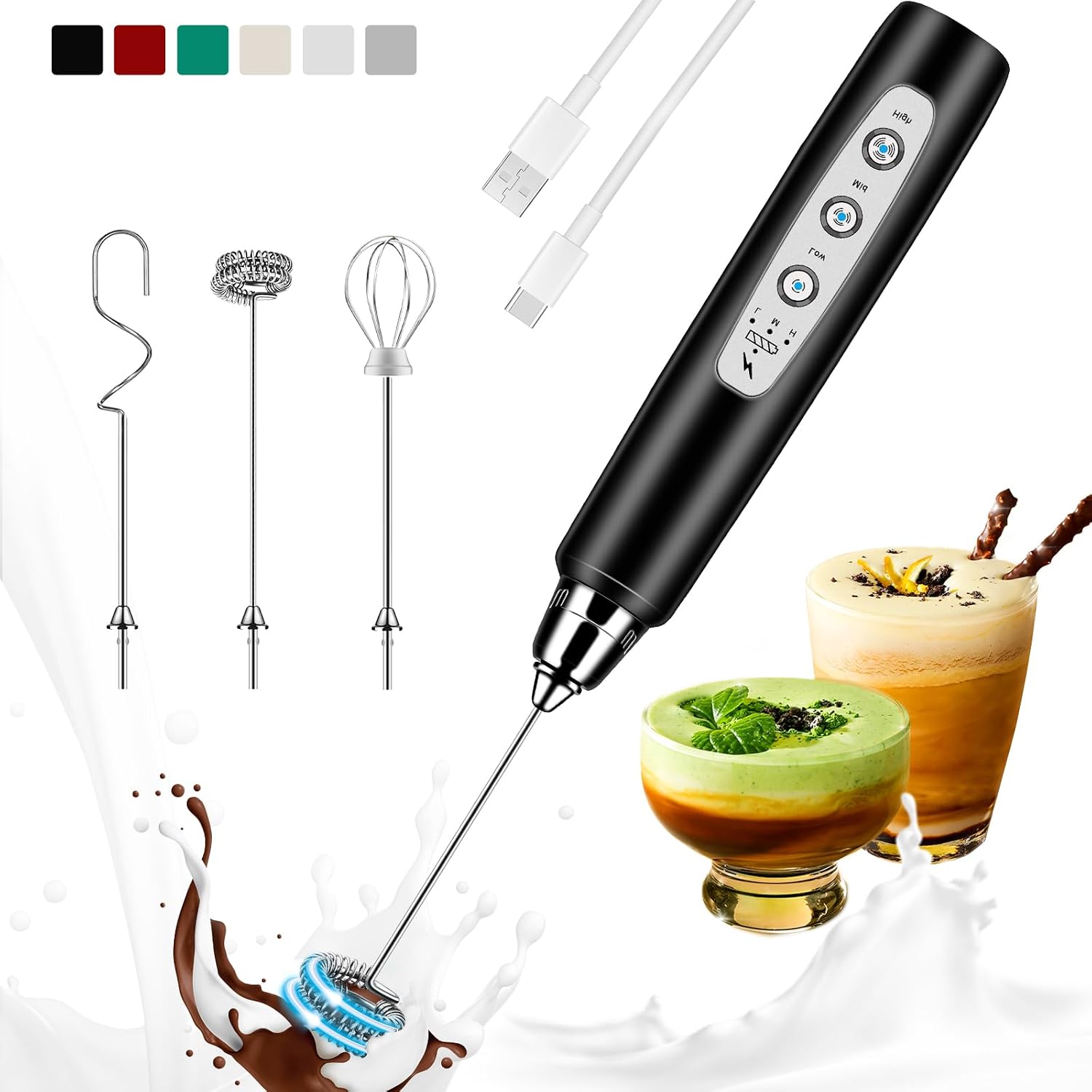 Electric Milk Frother Handheld - Wiederaufladbarer Milchaufschäumer, Handgerät, 3 Geschwindigkeitsstufen, Elektrischer