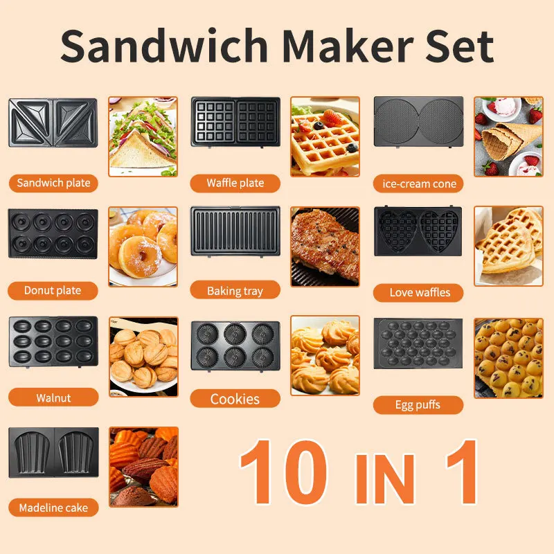 Mini Waffle Maker Machine - 220/110V Haushaltsgeräte 10-in-1 Sandwichmaker Mini Frühstückszubereiter